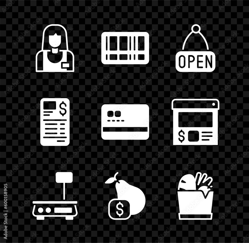 Set Seller, Barcode, Hanging sign with Open, Electronic scales, Price tag for pear, Shopping bag and food, Paper financial check and Credit card icon. Vector