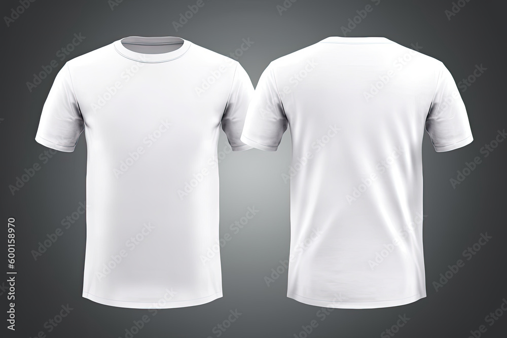 White t-shirt mockup, front and back view on gray background. Generative AI White t-shirt mockup, front and back view on gray background. Generative AI