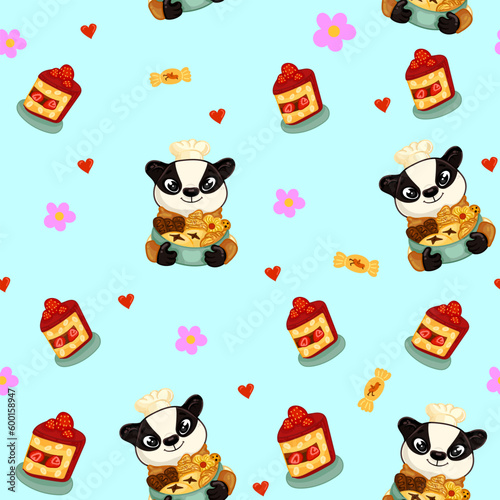 Vector seamless pattern with sweets, pastries and berries. Cakes and biscuits on coasters, cookies with crumbs, croissants, chocolate muffins hand drawn seamless background.