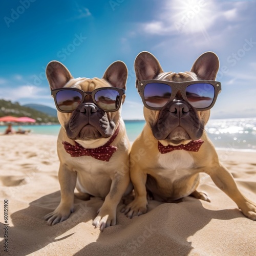 French Bulldogs Taking Beach Selfies in Sunglasses - A Fun and Quirky Concept. Generative AI ©  Creative_studio