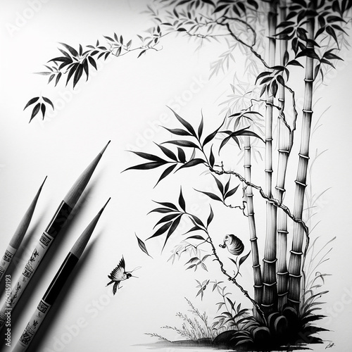 A black and white drawing of a bamboo plant with a pencil in it.