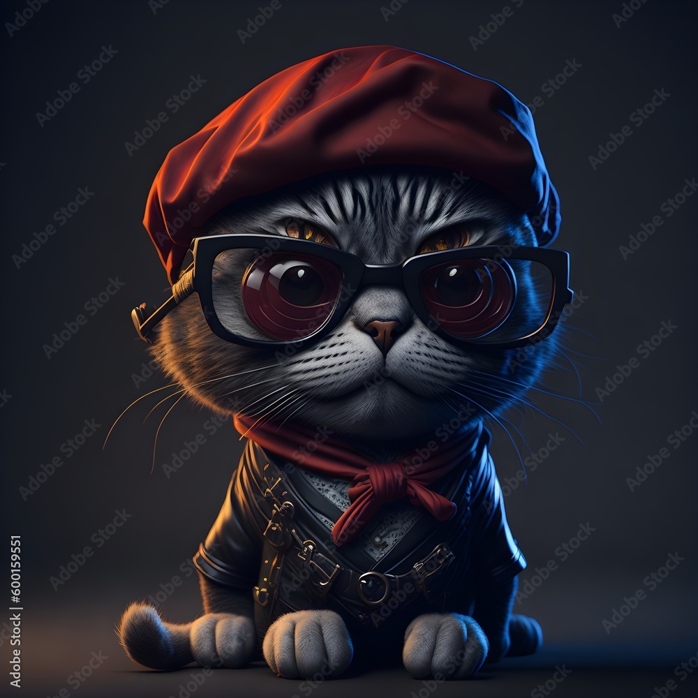 Fototapeta premium Cat wearing glasses and hat illustration