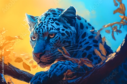 Jungle Painting of a Leopard. Generative AI. A digital painting of a leopard in the jungle with yellows and blues.