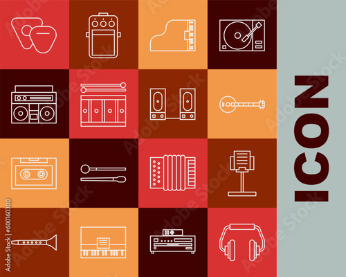 Set line Headphones, Music stand, Banjo, Grand piano, Drum with drum sticks, Home stereo two speakers, Guitar pick and Stereo icon. Vector