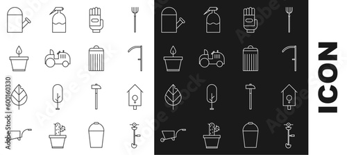 Set line Grass and weed electric string trimmer, Retro wall watch, Scythe, Garden gloves, Tractor, Plant pot, Watering can and Trash icon. Vector