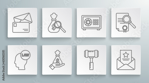 Set line Head with law, Money bag and magnifying glass, Hand holding money, Judge gavel, The arrest warrant, Safe, Document search and Envelope icon. Vector