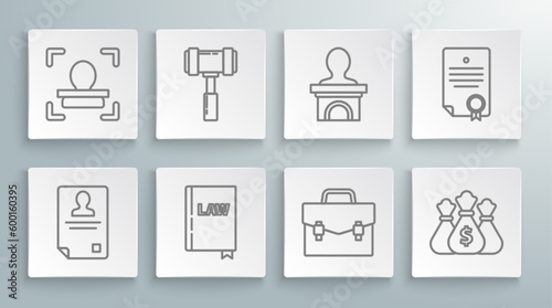 Set line Identification badge, Judge gavel, Law book, Briefcase, Money bag, Stage stand or debate podium rostrum, Certificate template and Face recognition icon. Vector