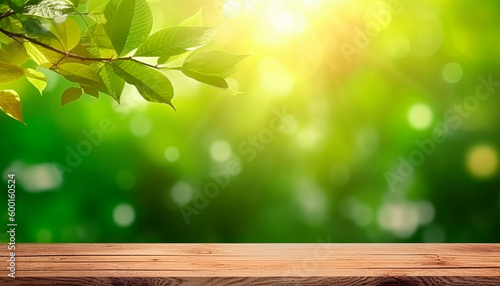 summer fresh background of leaves and wood table. High quality illustration Generative AI