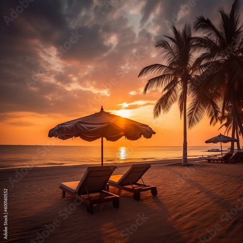 Sun Beds and Umbrella under a Palm Tree. Generative AI