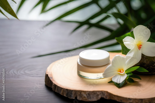 spa skin care product on wooden table with flower on top