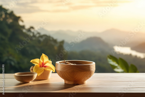 spa skin care product on wooden table with flower on top