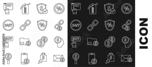 Set line Envelope with coin dollar, Business man planning mind, Chain link and, Shield, Clock 24 hours, Online shopping on screen and Loan percent icon. Vector