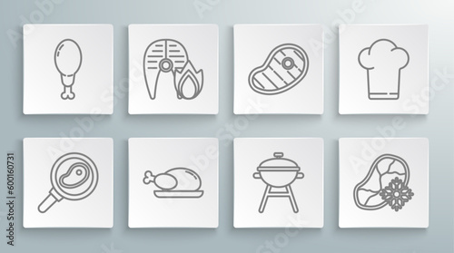 Set line Steak meat in frying pan, Grilled fish steak and fire flame, Roasted turkey or chicken, Barbecue grill, Fresh frozen, Chef hat and Chicken leg icon. Vector