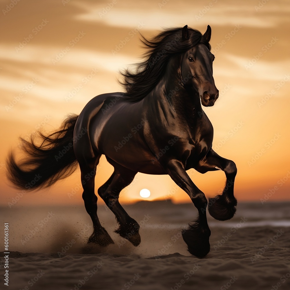 Black stallion horse in sunset running free. Generative AI