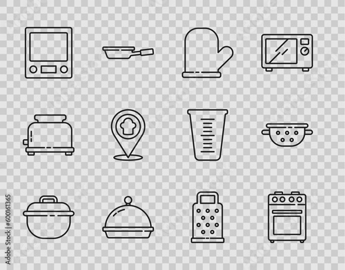 Set line Cooking pot, Oven, glove, Covered with tray of food, Electronic scales, Chef hat location, Grater and Kitchen colander icon. Vector