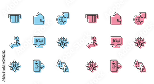 Set line Coin money with Yen, Mining bitcoin from mobile, Credit card inserted, Currency exchange, IPO, Dollar, share, network, plant and Wallet icon. Vector
