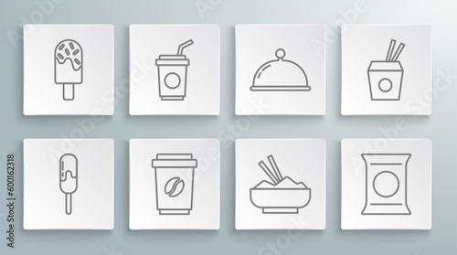 Set line Ice cream, Paper glass with straw, Coffee cup to go, Rice in bowl chopstick, Bag or packet potato chips, Covered tray, Asian noodles and chopsticks and icon. Vector