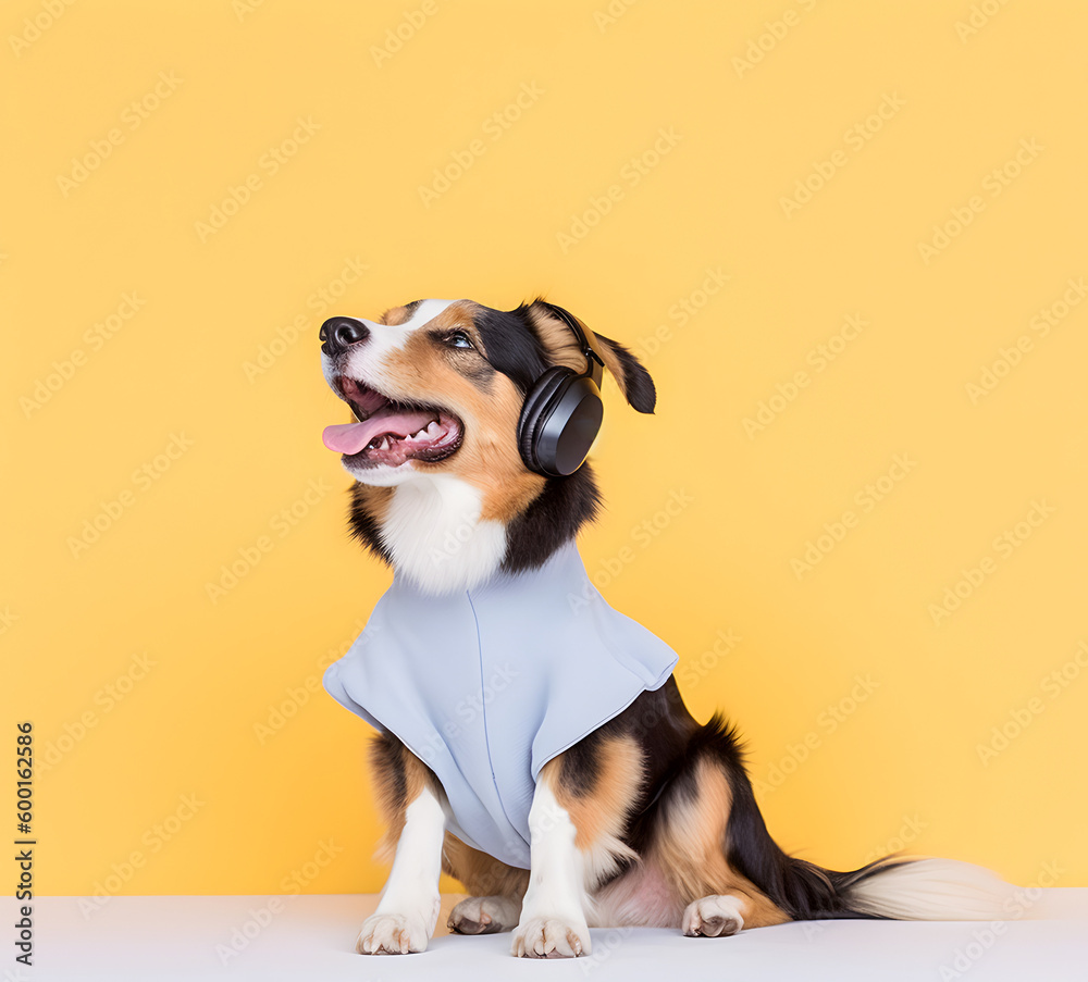 Pet dog with headphone and fashionable dressing. AI generated image