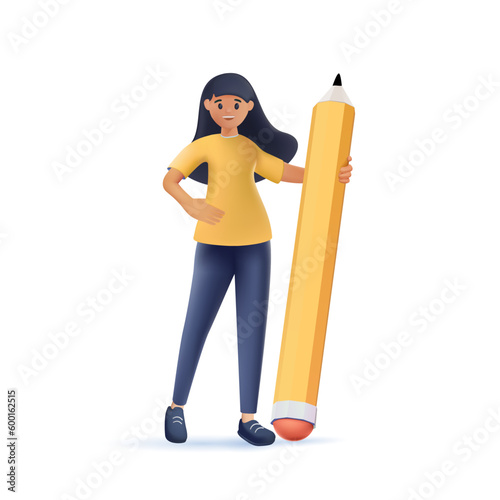 3D Black Business Woman character holds big pencil. 3D Confident african American female writer or content manager 3D