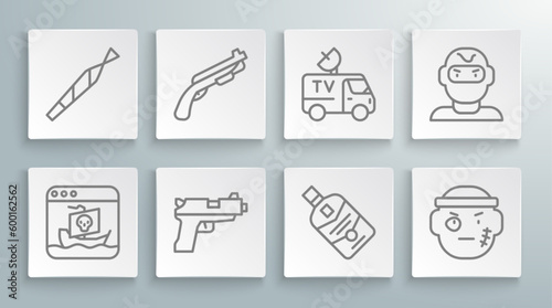 Set line Internet piracy, Police shotgun, Pistol or, Whiskey bottle, Bandit, TV News car, Thief mask and Marijuana joint icon. Vector