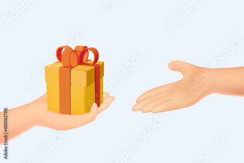 3D Human Hand gives to someone present. Giftbox is passing from hand to hand. Friend shares present or surprise gift
