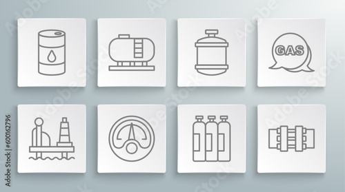 Set line Oil platform in the sea, tank storage, Motor gas gauge, Industrial cylinder, Metallic pipes and valve, Propane, Location station and Barrel oil icon. Vector