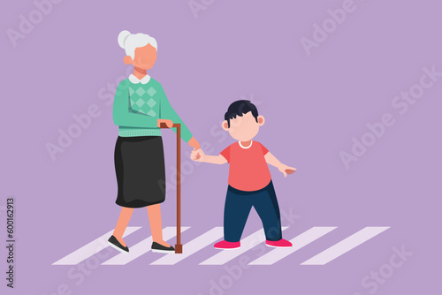 Graphic flat design drawing polite boy help grandmother cross street. Well mannered child assistance to aged woman. Kid and elderly female go on crosswalk together. Cartoon style vector illustration