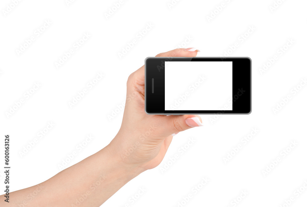 Hand holding mobile smart phone with blank screen. Isolated on white background. Hand holding mobile smart phone with blank screen. Isolated on white background.