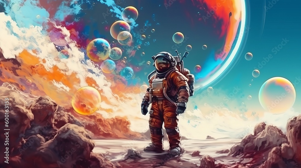 Naklejka premium A astronaut standing on the peak of a mountain on an alien planet created with Generative AI technology