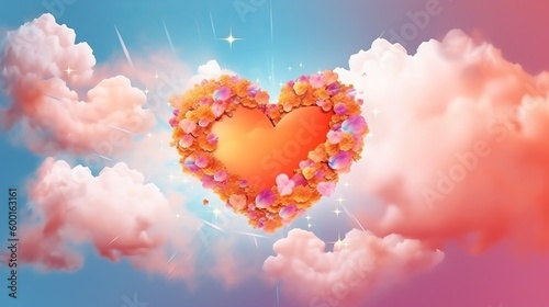 A heart-shaped balloon floating in the clouds created with Generative AI technology