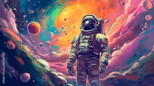 A man wearing a spacesuit standing on an alien planet created with Generative AI technology