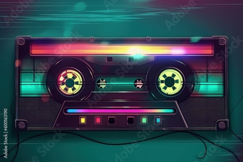 Old radio tape, 80s and 90s, retro style, colorful background, digital illustration. Generative AI