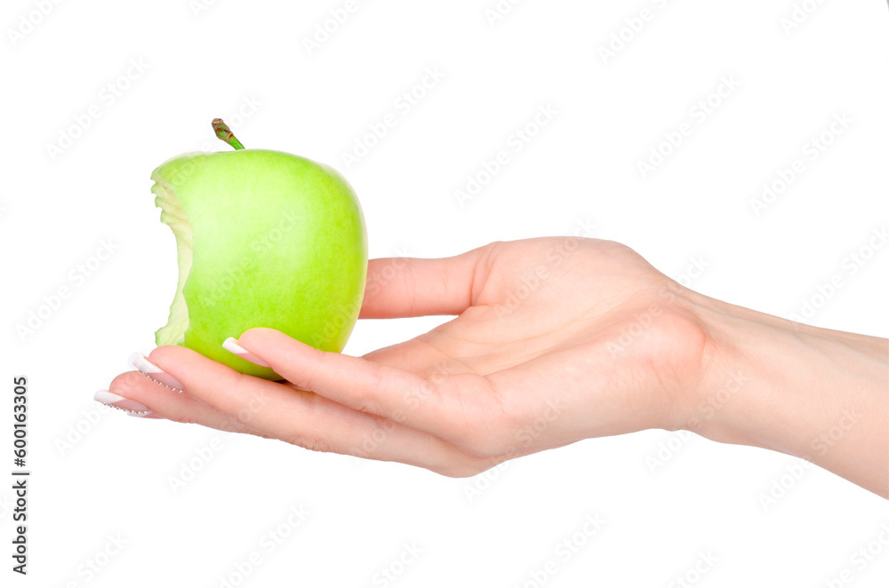 Woman's hand holding green apple  isolated on white background 