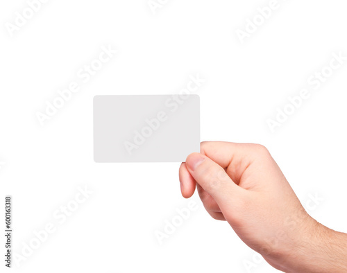 Man's hand with a blank card isolated on white background.