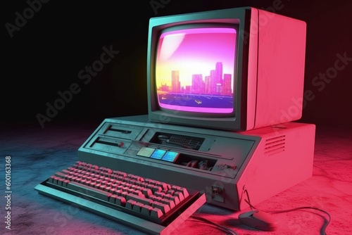 Old computer, pc, 80s and 90s, retro style, colorful background, digital illustration. Generative AI