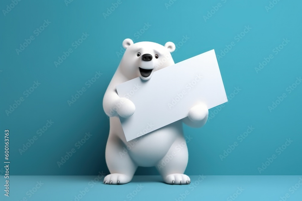 Bear and white paper with space to write, notice concept, blue background, digital illustration. Generative AI Bear and white paper with space to write, notice concept, blue background, digital illustration. Generative AI