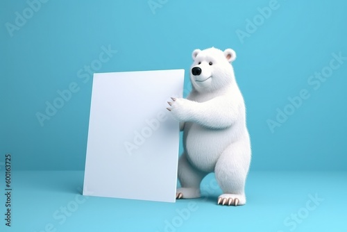 Bear and white paper with space to write  notice concept  blue background  digital illustration. Generative AI