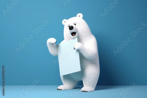 Bear and white paper with space to write  notice concept  blue background  digital illustration. Generative AI