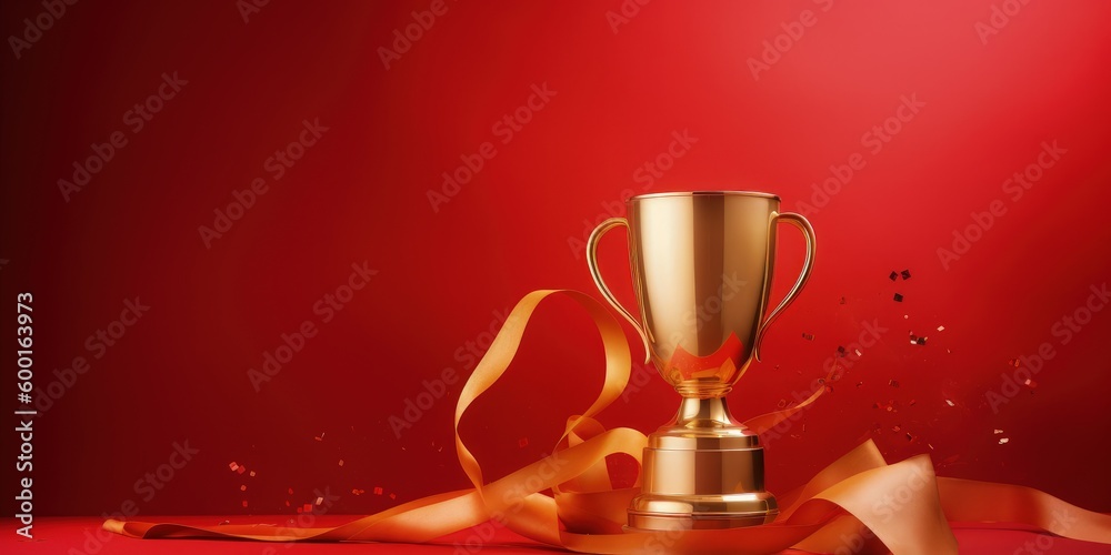 Golden trophy and streamers, business and competition concept, red background. Generative AI