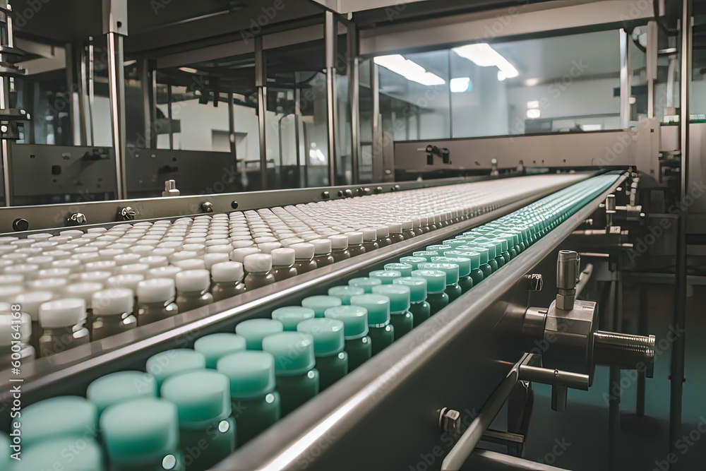 Pharmaceutical factory production line conveyor belt. AI technology generated image Pharmaceutical factory production line conveyor belt. AI technology generated image