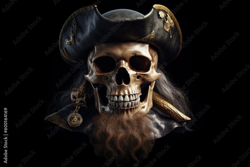 Pirate captain skull with hat, black background fantasy concept. Generative AI Pirate captain skull with hat, black background fantasy concept. Generative AI