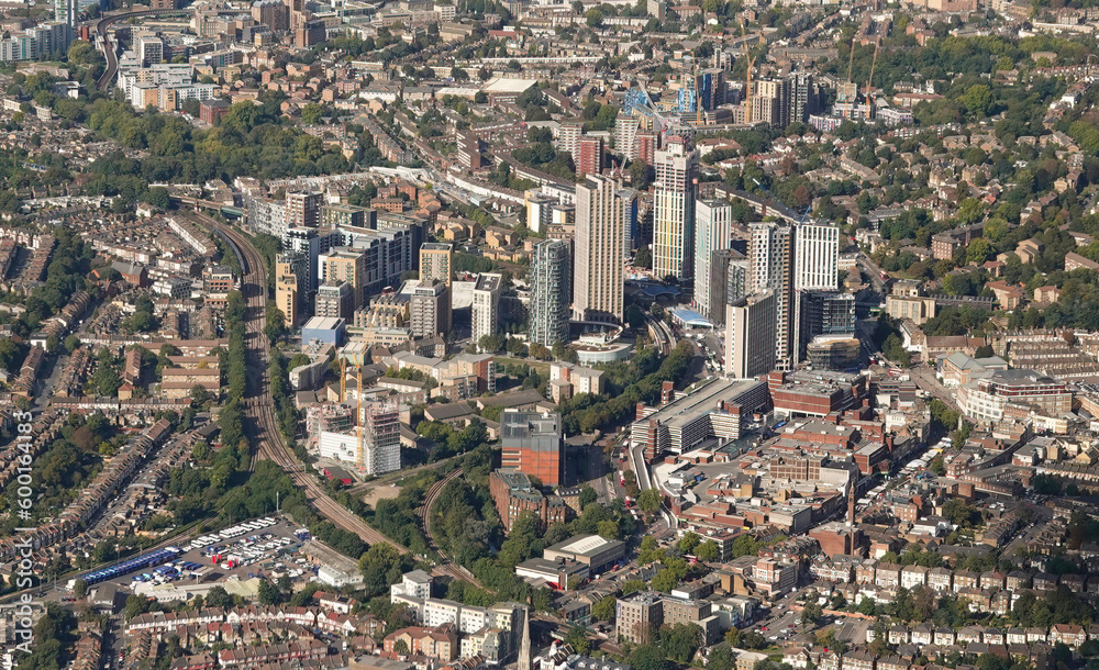 An aerial view of the urban development of Lewisham in South London, UK. 