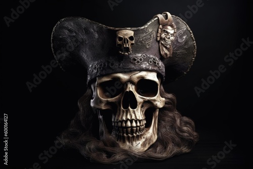 Pirate captain skull with hat, black background fantasy concept. Generative AI
