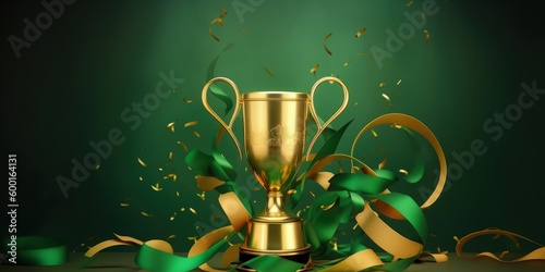 Golden trophy and streamers, business and competition concept, green background. Generative AI