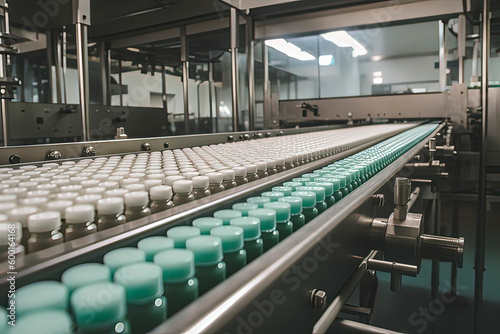 Pharmaceutical factory production line conveyor belt. AI technology generated image