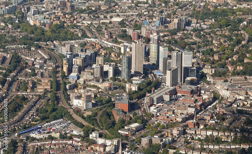 An aerial view of the urban development of Lewisham in South London, UK. 