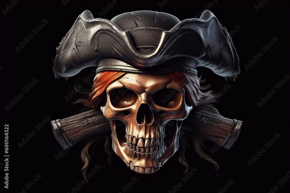 Obraz premium Skull of a pirate with hat, black background digital illustration. Generative AI