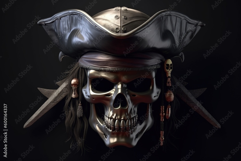 Skull of a pirate with hat, black background digital illustration. Generative AI Skull of a pirate with hat, black background digital illustration. Generative AI