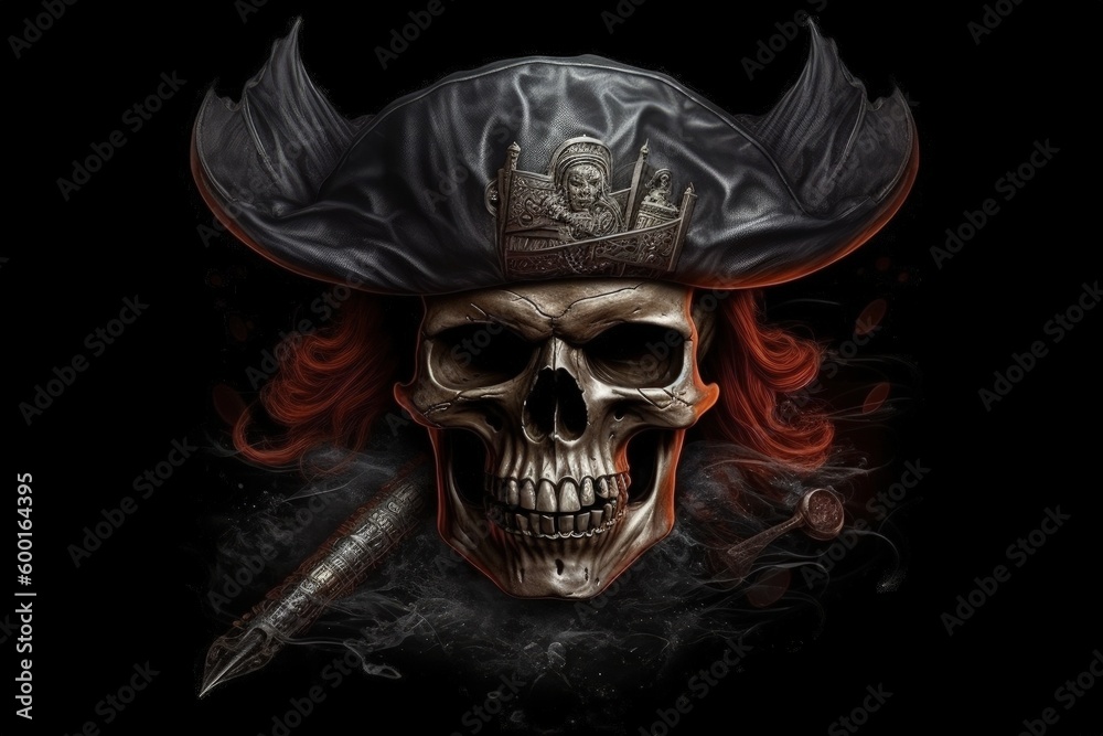 Skull of a pirate with hat, black background digital illustration. Generative AI