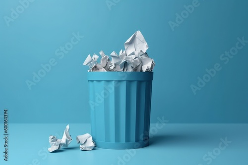 Garbage can full of crumpled paper on blue background, illustration. Generative AI